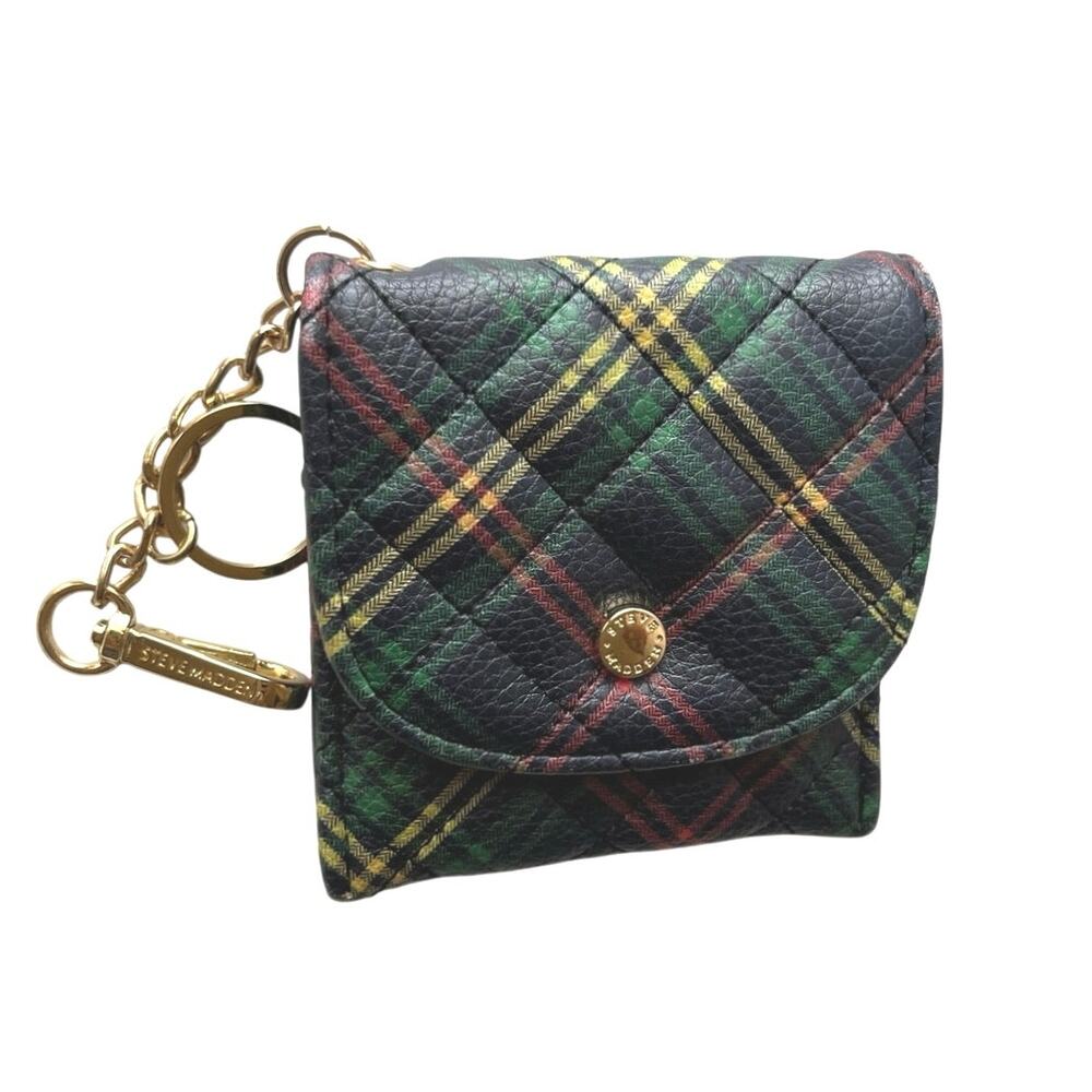Steve Madden Bhayden Card Case Wallet, Plaid Green Mini Wallet, Keychain